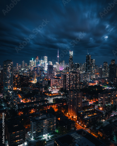 Entire futuristic city skyline view of downtown Toronto Canada. Modern buildings  urban architecture  cars travelling. construction and development in a busy city
