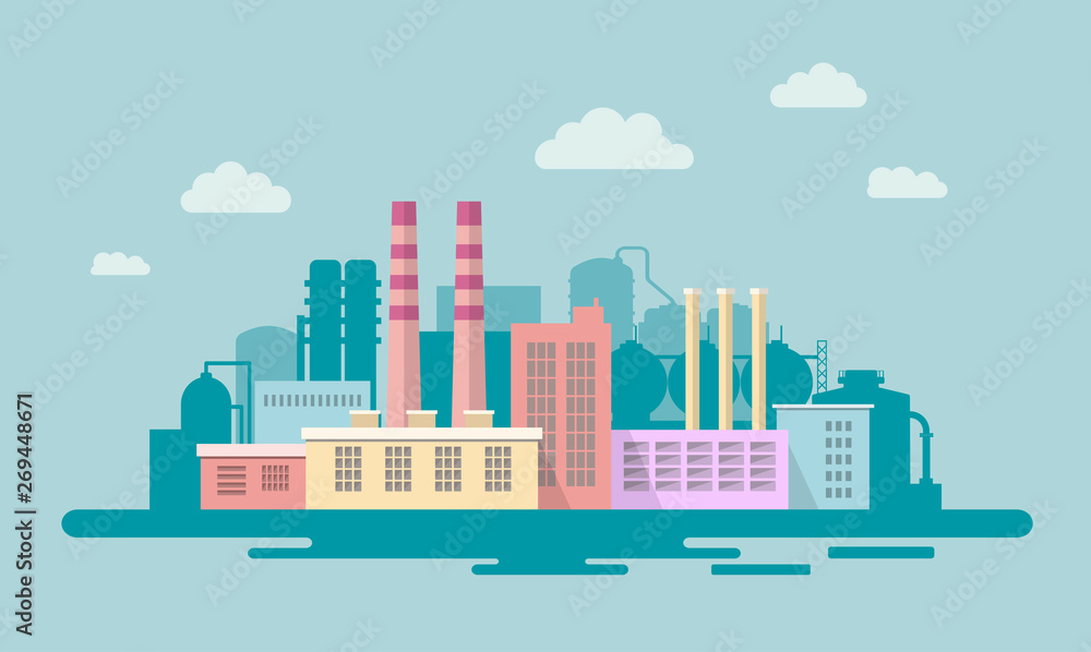 Naklejka premium Stock vector illustration of an industrial zone with chemical factories, plants, ironworks, warehouses, enterprises in the flat style - Векторная графика 