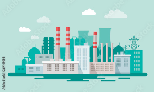 Stock vector illustration of an industrial zone with chemical factories, plants, ironworks, warehouses, enterprises in the flat style - Векторная графика 