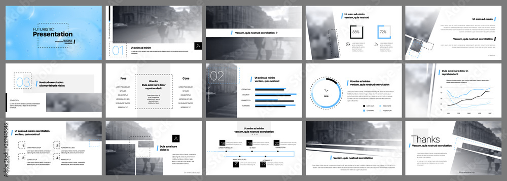 Presentation template, blue and black infographic elements on white ...