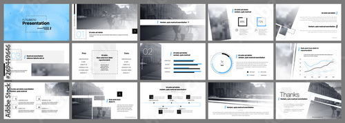Presentation template, blue and black infographic elements on white background. Vector slide template for business project presentations and marketing.