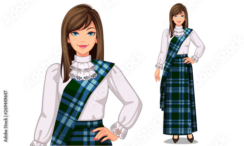 Vector illustration of Scottish women with traditional outfit