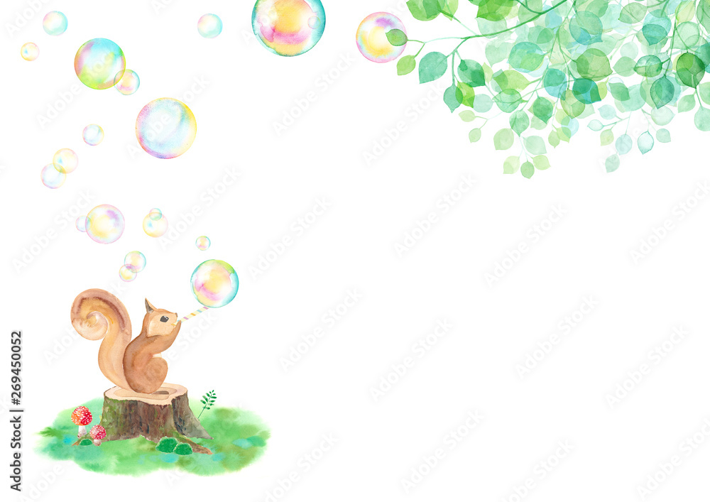 木漏れ日の中シャボン玉を吹くリス 横 水彩イラスト Stock Illustration Adobe Stock