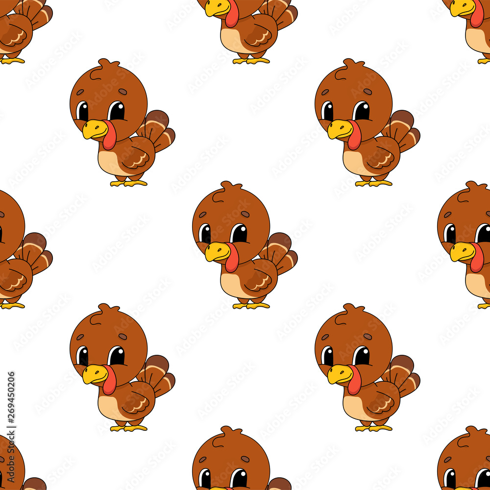 Fototapeta premium Happy turkey. Colored seamless pattern with cute cartoon character. Simple flat vector illustration isolated on white background. Design wallpaper, fabric, wrapping paper, covers, websites.