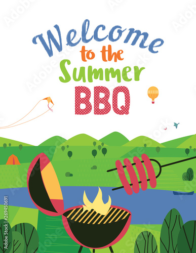 Summer bbq welcome vector flat color poster