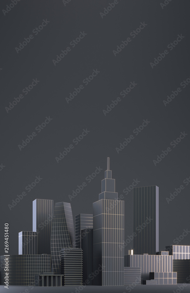 Modern City skyline, city silhouette, 3d illustration in black and gold design. Copy space and black matte background.