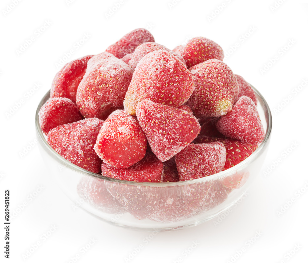 Fzonen strawberries in glass bowl isolated on white background with clipping path