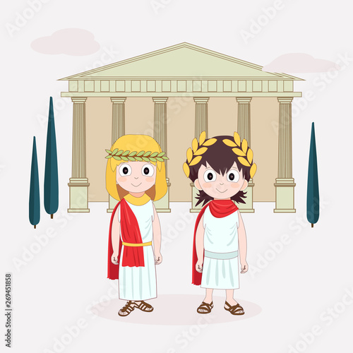 Cartoon character Girl and boy wearing ancient costume. Ancient Rome for children. Vector illustration with Temple and trees on background