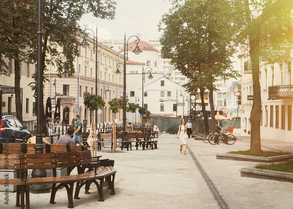 The main street of the city of Minsk , Belorus on a sunny day. Summer day landscape 2019