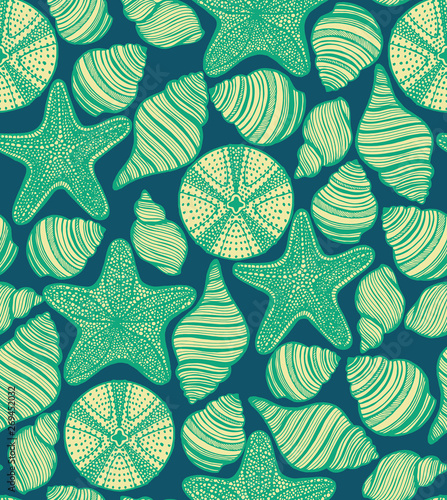 Shell Urchin and Starfish Seamless Hand Drawn Pattern