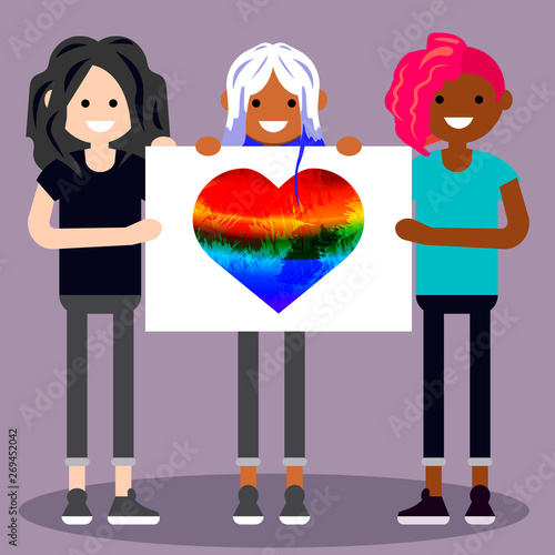 Human rights parad illustration; group of women with rainbow heart emblem; flat style love parad art, girl charcters for lgbt infographic. photo