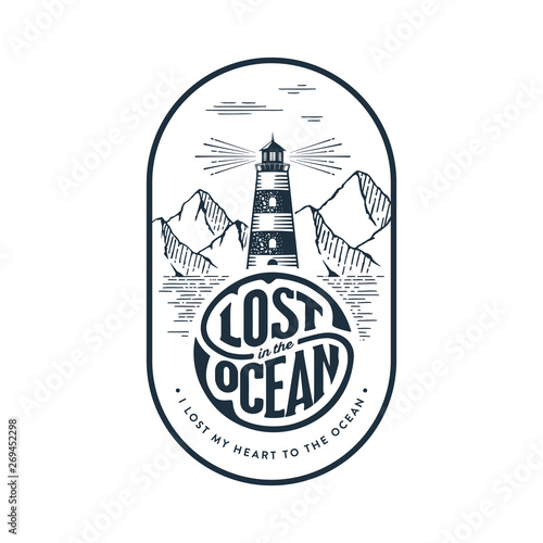 Lost Ocean Lighthouse oval white Vector illustration.