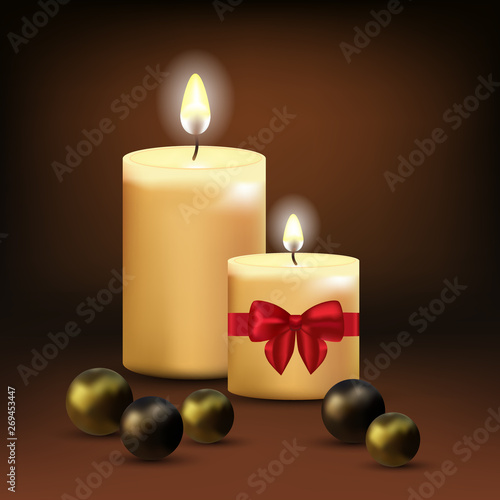  Abstract background with burning candles and pearls. Festive design element