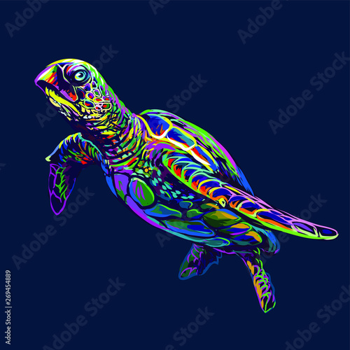  Sea turtle. Abstract, artistic, neon drawing of a sea turtle on a dark blue background.