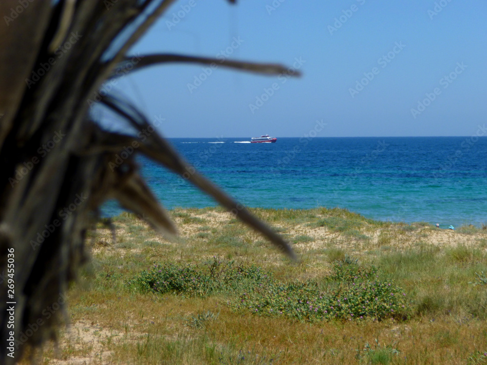 panoramic view from the beach of a passenger ship sailing in the mediterranean sea in summer panoramic view from the beach of a passenger ship sailing in the mediterranean sea in summer