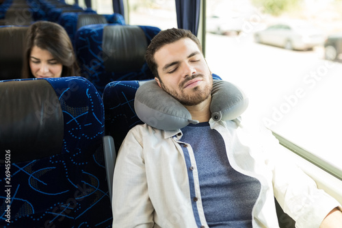 Tired Traveler On Bus Ride