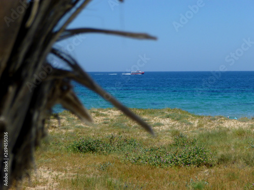panoramic view from the beach of a passenger ship sailing in the mediterranean sea in summer
