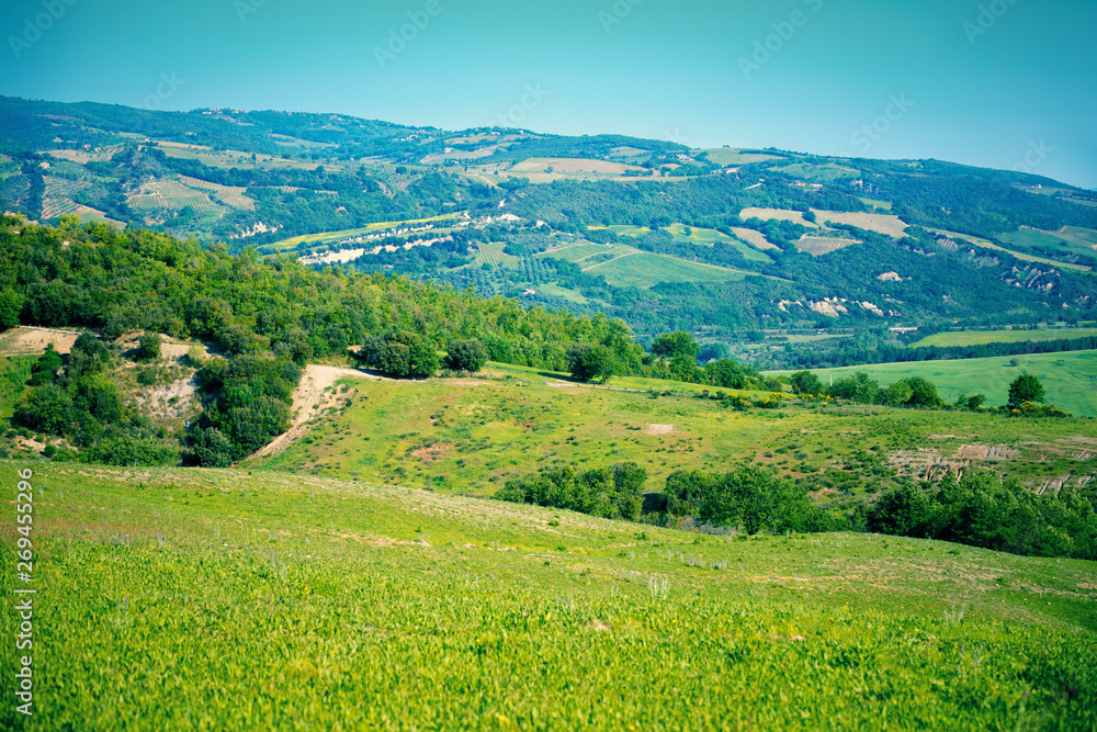 Beautiful landscape, spring nature, sunny fields on hills in Tuscany, Italy