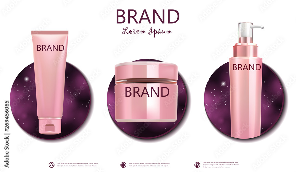 Set Cosmetic bottle on pink galaxy background with pink ribbon, package template, realistic design, vector illustration