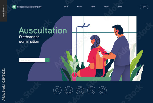 Medical tests template - auscultation - modern flat vector concept digital illustration of stethoscope examination procedure - patient and doctor carrying out procedure, medical office or laboratory