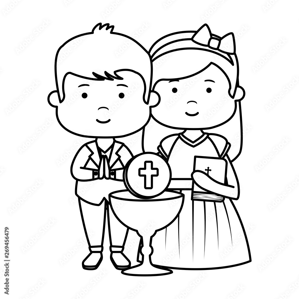 little kids with chalice and bible first communion