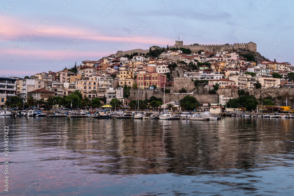 Sunset over Kavala old town in Greece