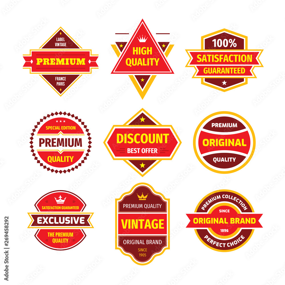 Business badge vector set in retro design style. Abstract logo. Premium quality. Satisfaction guaranteed. Original brand. Special edition. High quality. Concept labels. 