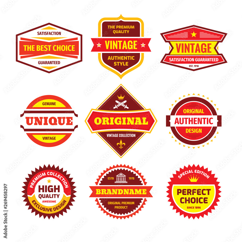 Business badge vector set in retro design style. Abstract logo. Premium quality. Satisfaction guaranteed. Original, authentic, vintage, unique, exclusive design labels.