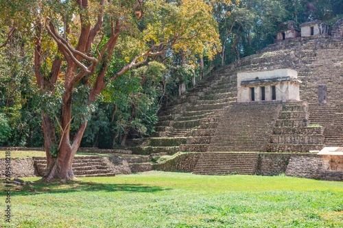 Ancient pyramids of the Mayan Archaeological Site of Bonampak in Chiapas, Mexico	 photo