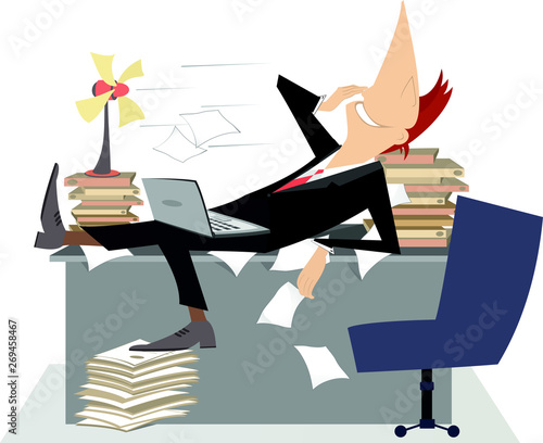 Businessman in the office lies on the table with piles of documents in front of the tabletop fan and takes a delight from the fresh air isolated on white illustration 