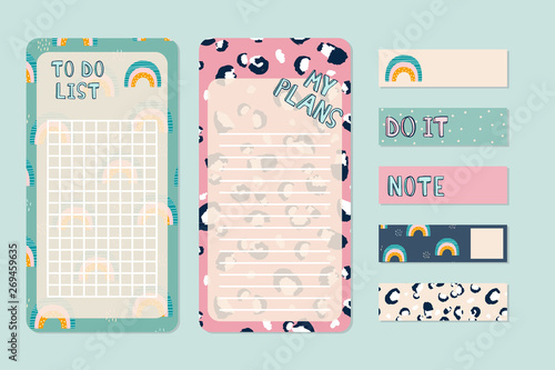 Cute to do lists and stickers with fashion pattern. Vector hand drawn illustration. 