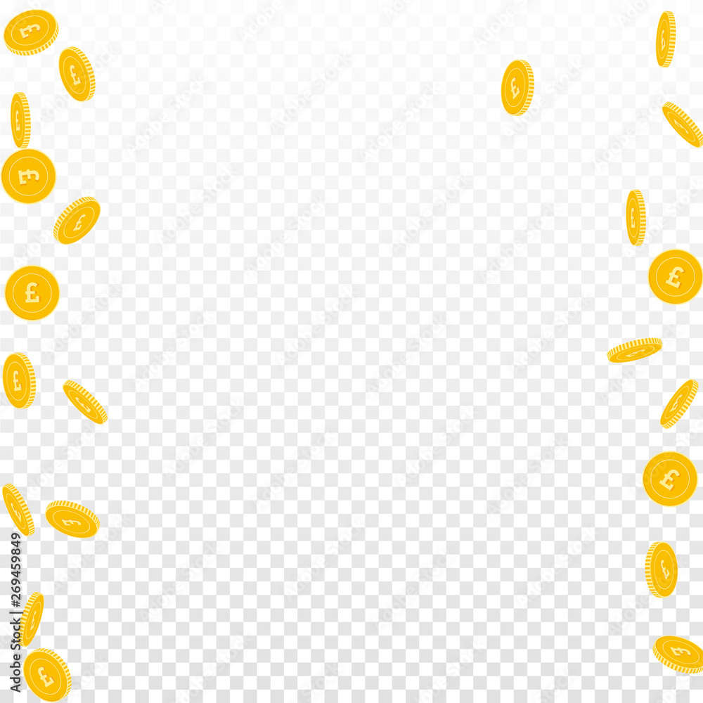 British pound coins falling. Scattered sparse GBP British pound coins falling. Scattered sparse GBP