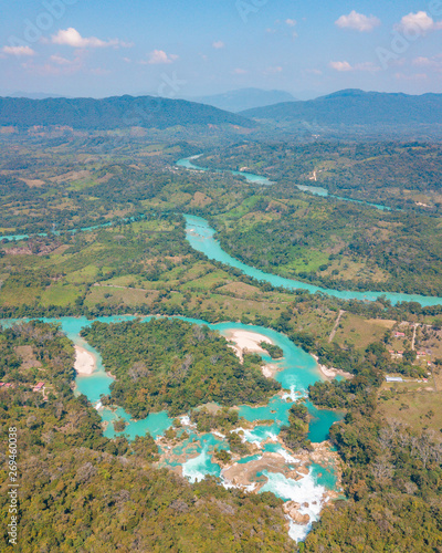 Aerial view of the turquoise waterfalls at Las Nubes in Chiapas, Mexico photo