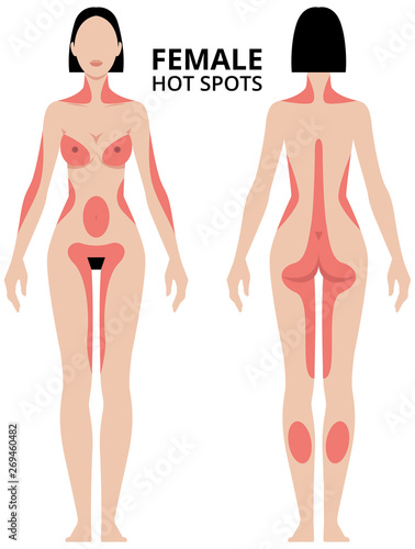 Vector illustration of female erogenous zones. Woman in full length front and back view hot spots area of the body.