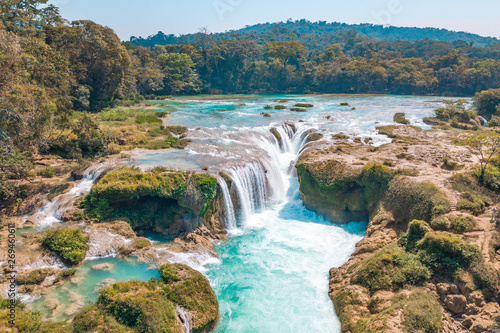 Aerial view of the turquoise waterfalls at Las Nubes in Chiapas, Mexico