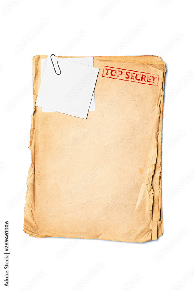 Mockup of empty old vintage yellowed top secret paper with clip