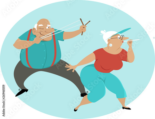 Mischievous senior couple spitting paper balls and using a slingshot,  EPS 8 vector illustration