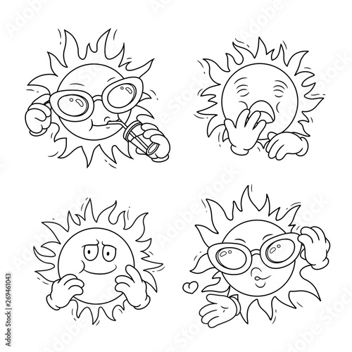 Set of cartoon sun characters.Vector isolated illustration. Can used for coloring book, printing on clothes, banners, posters, web design. 