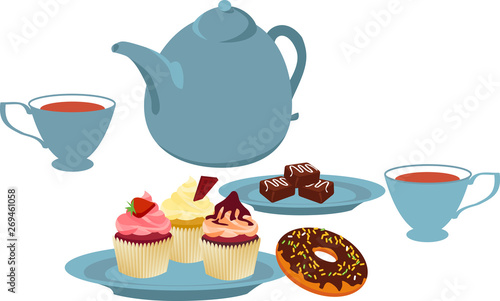 Teapot, two tea cups and sweets on a table, EPS 8 vector illustration