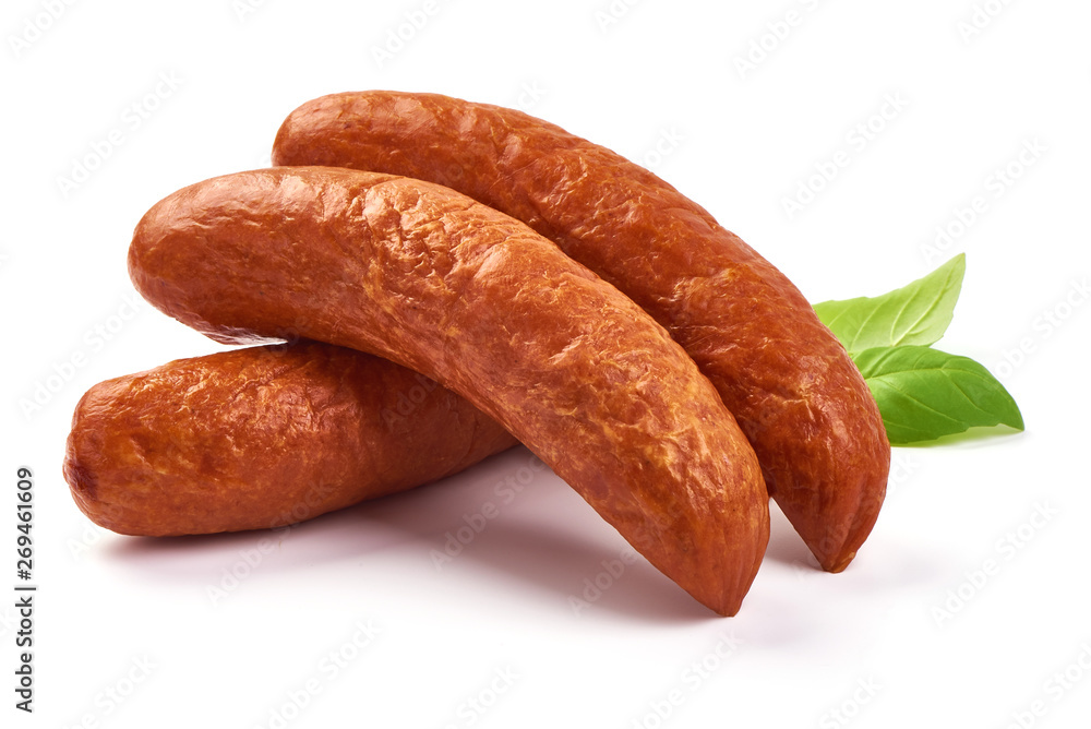 Smoked pork sausages with basil leaves, dry meat, close-up, isolated on white background Smoked pork sausages with basil leaves, dry meat, close-up, isolated on white background