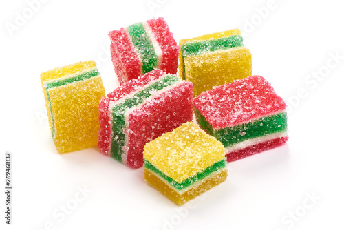 Marmalade sweets with sugar, close-up, isolated on white background