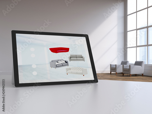 D rendering, Digital tablet in modern loft with furniture on display, online shopping for couches