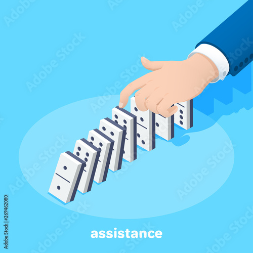 isometric vector image on a blue background, a man in a business suit holds a domino chips lined up in a row with his finger, support and revenue in work