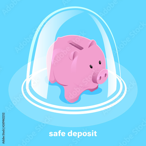 isometric vector image on a blue background, a piggy bank under a glass dome, protection and reliability