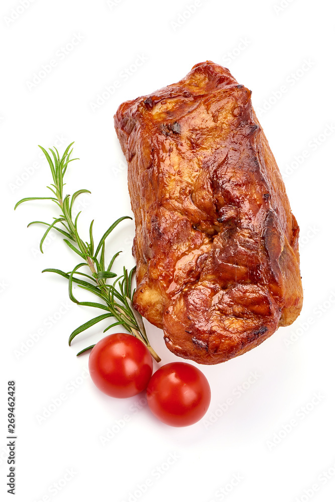 Baked pork roast, spicy meat, top view, isolated on white background