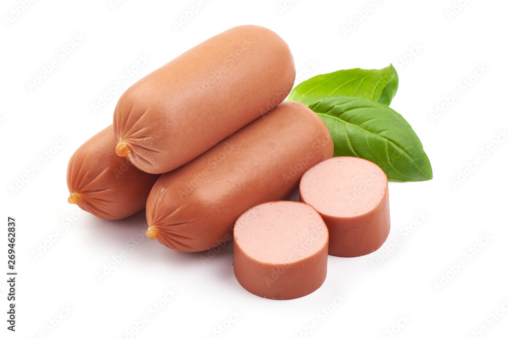 Tasty fresh boiled sausages, close-up, isolated on white background Tasty fresh boiled sausages, close-up, isolated on white background