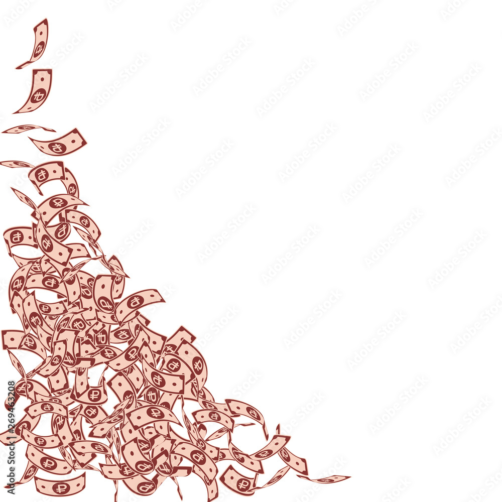 Obraz premium Russian ruble notes falling. Small RUB bills on wh