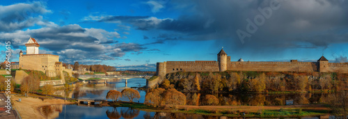 Medieval Hermann Castle (Narva stronghold) in the left and Ivangorod Fortress in the right