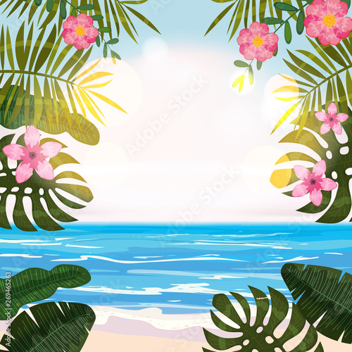 Summer tropical background with exotic floral plants leaves palm, beach ocean seashore
