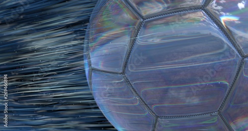 Reflective render of a soccer ball field with a flying comet leaves spatial lines and particles. 3d illustration
